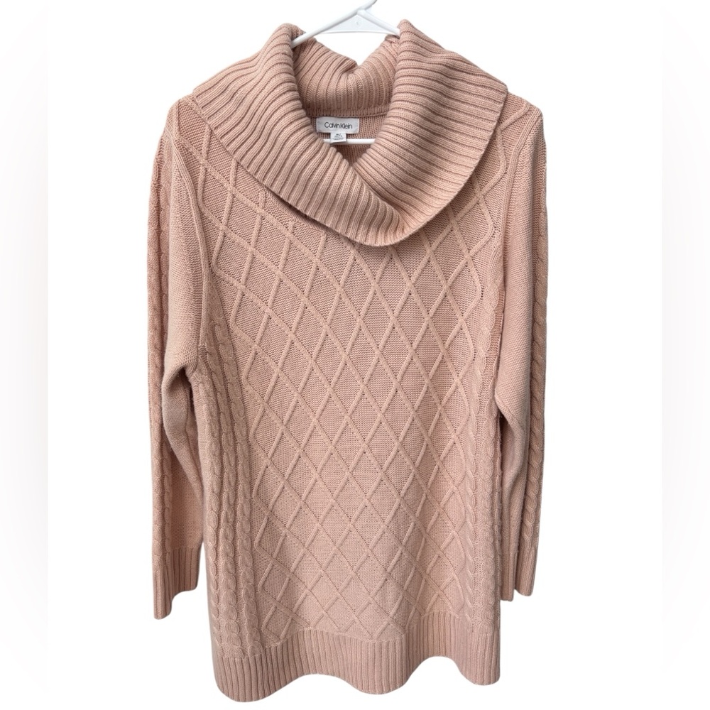 Calvin Klein Cable Knit Sweater Women’s XL Pink Cowl Neck Preppy